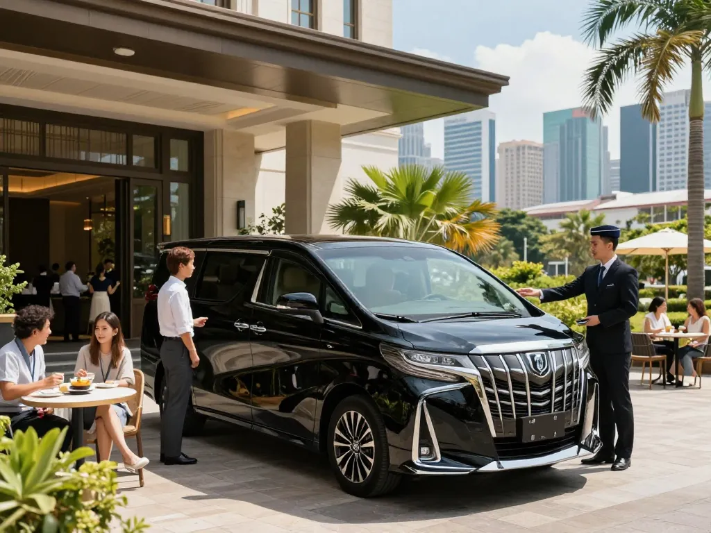 cho thuê xe Alphard với dịch vụ valet trong bối cảnh khách sạn sang trọng, thể hiện sự thanh lịch và phong cách.