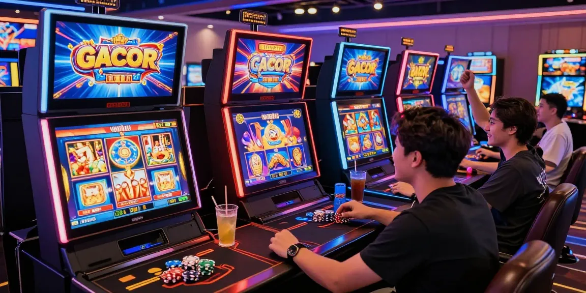 Exciting scene of players enjoying slot gacor in an online casino environment with colorful machines and vibrant atmosphere.