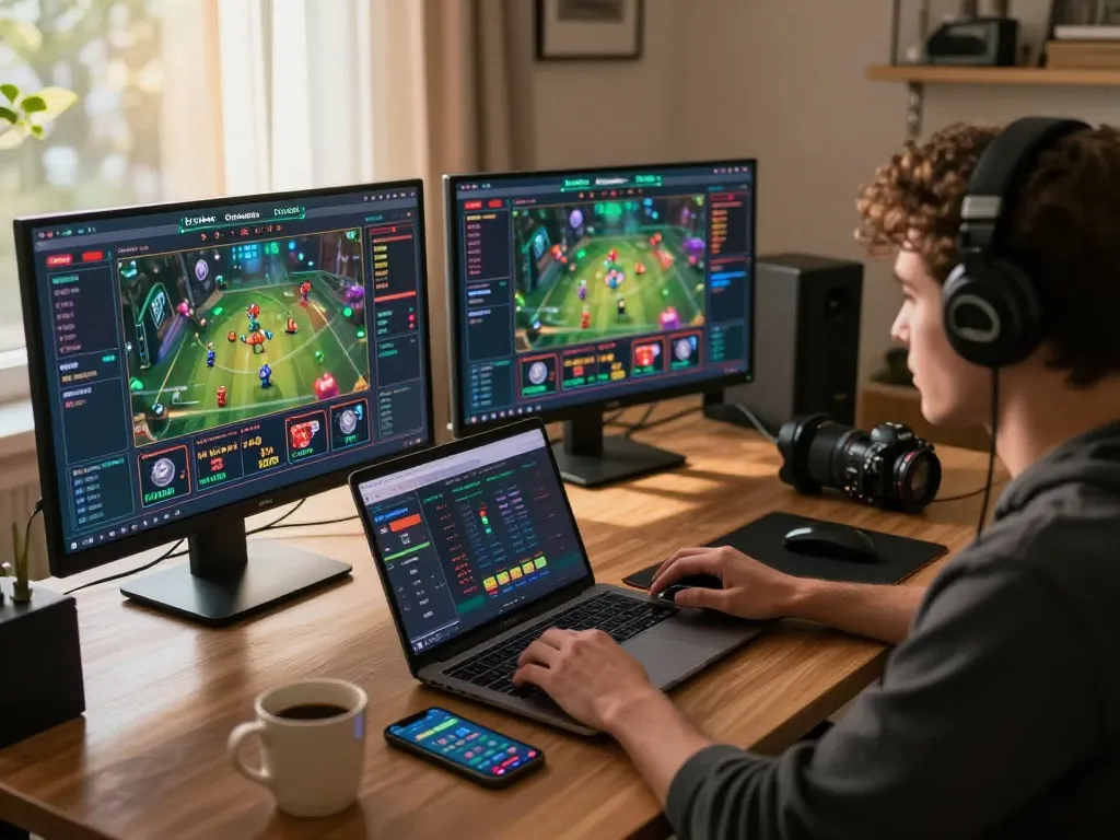 Engaging in online 包网 gaming with multiple screens showing dynamic gambling interfaces, highlighting strategic decisions.