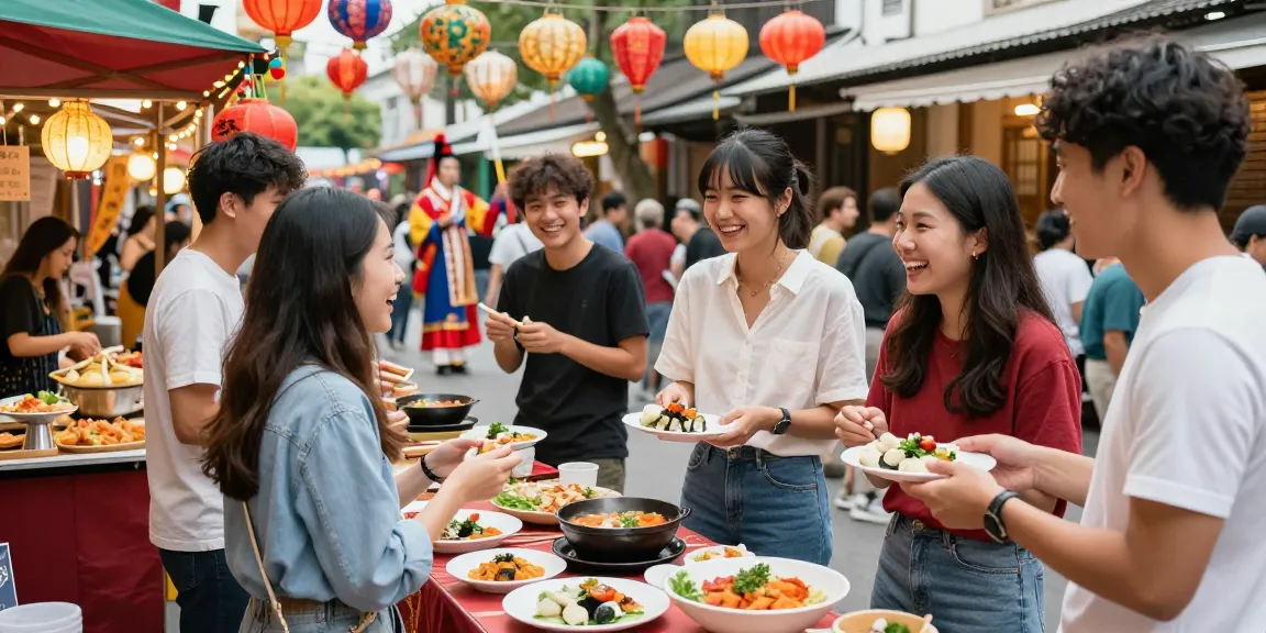Cultural celebration at https://hanadultalk.com with friends learning Asian cuisine at a vibrant festival.