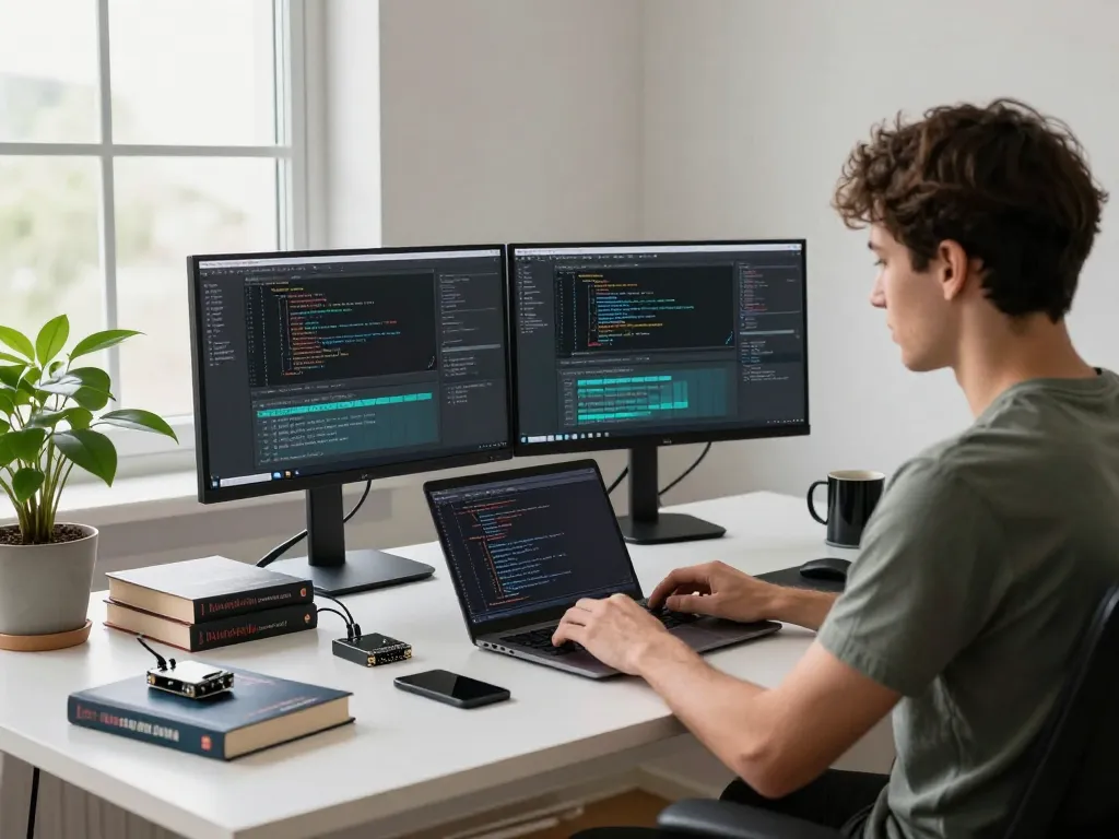 Developer using clawbot in a modern tech workspace, with dual monitors and coding tools.