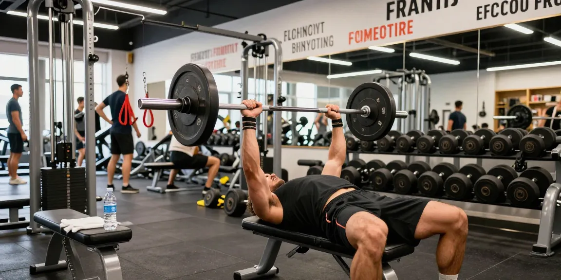 Muscle-building workout in Pharmaqo Shop gym environment showcasing a bodybuilder bench pressing with energetic fitness atmosphere.