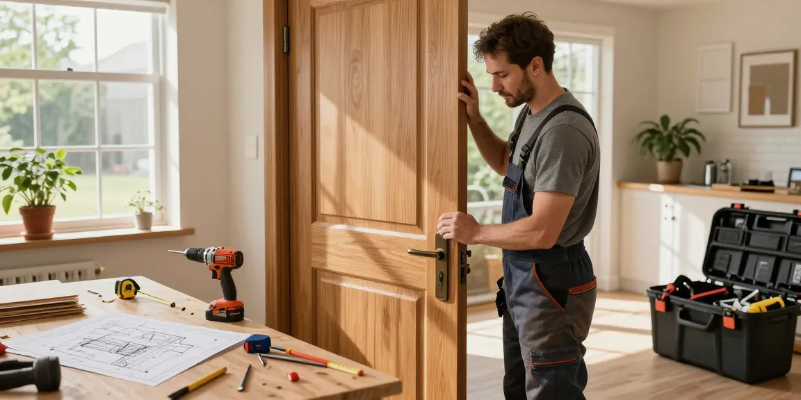 High-quality installation of a wooden door by a skilled craftsman from abacasdoors.co.uk in a well-lit workshop.