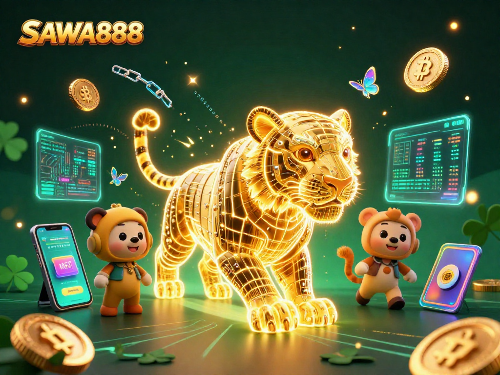 Experience SAWA888's dynamic casino landscape with a golden tiger and cryptocurrency elements.