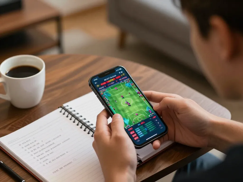 Sports betting on smartphone showcasing 678vip interface in a cozy setting, highlighting user focus.