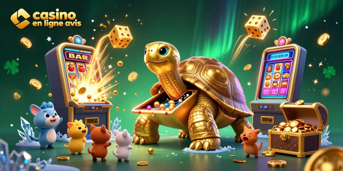 Aperçu d'un jeu au casino en ligne avis avec une tortue en or, machines à sous, et récompenses éblouissantes
