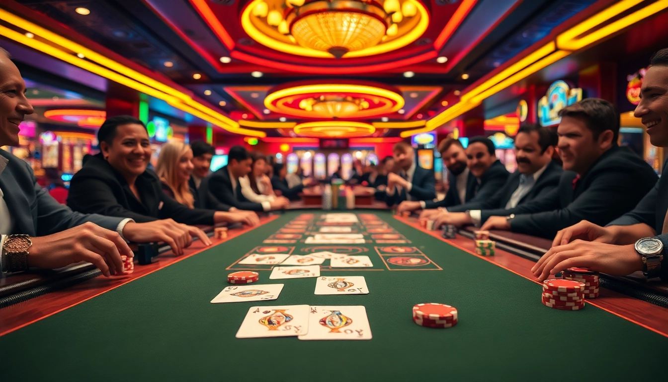 Engaging scene of a Non gamstop casino Uk gaming table with colorful chips and excited players.