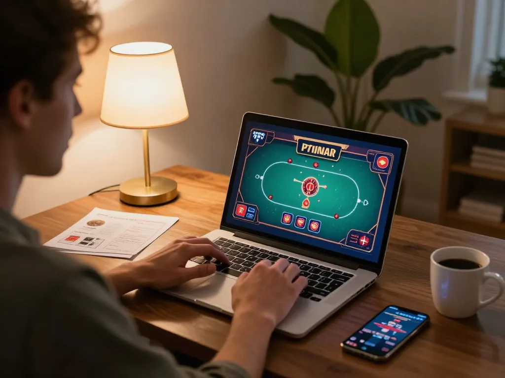 Engaging in online casino gaming with 789win777 on a laptop, featuring serene home setup.