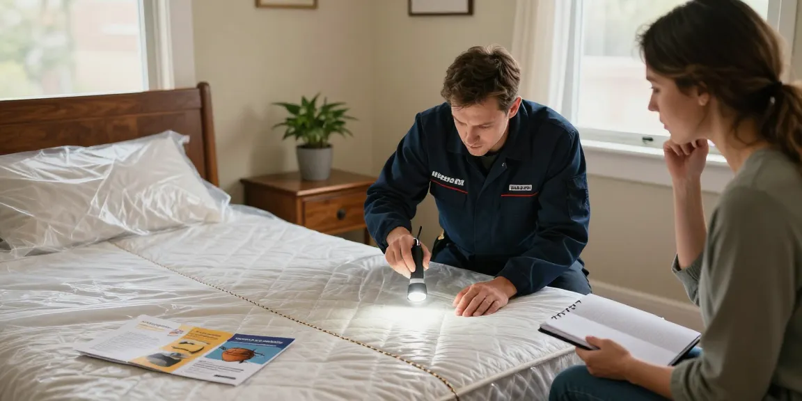 Bed bug pest control in a Milwaukee bedroom with technician inspecting mattresses for effective extermination.