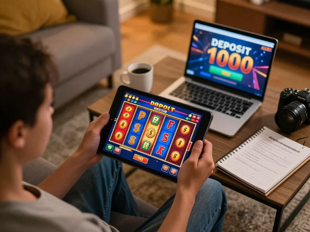 Player engaging in exciting gameplay on a tablet with slot deposit 1000 instantly accessible at home.