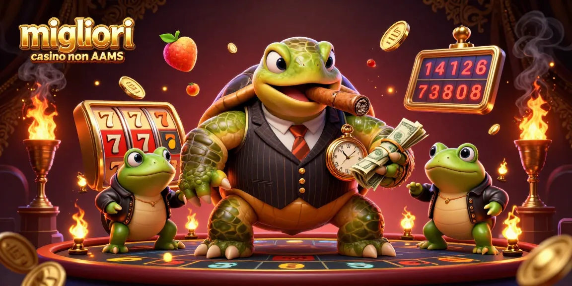 I migliori casino non AAMS mostrano una tartaruga gangster tra simboli di gioco emozionanti e luci scintillanti.