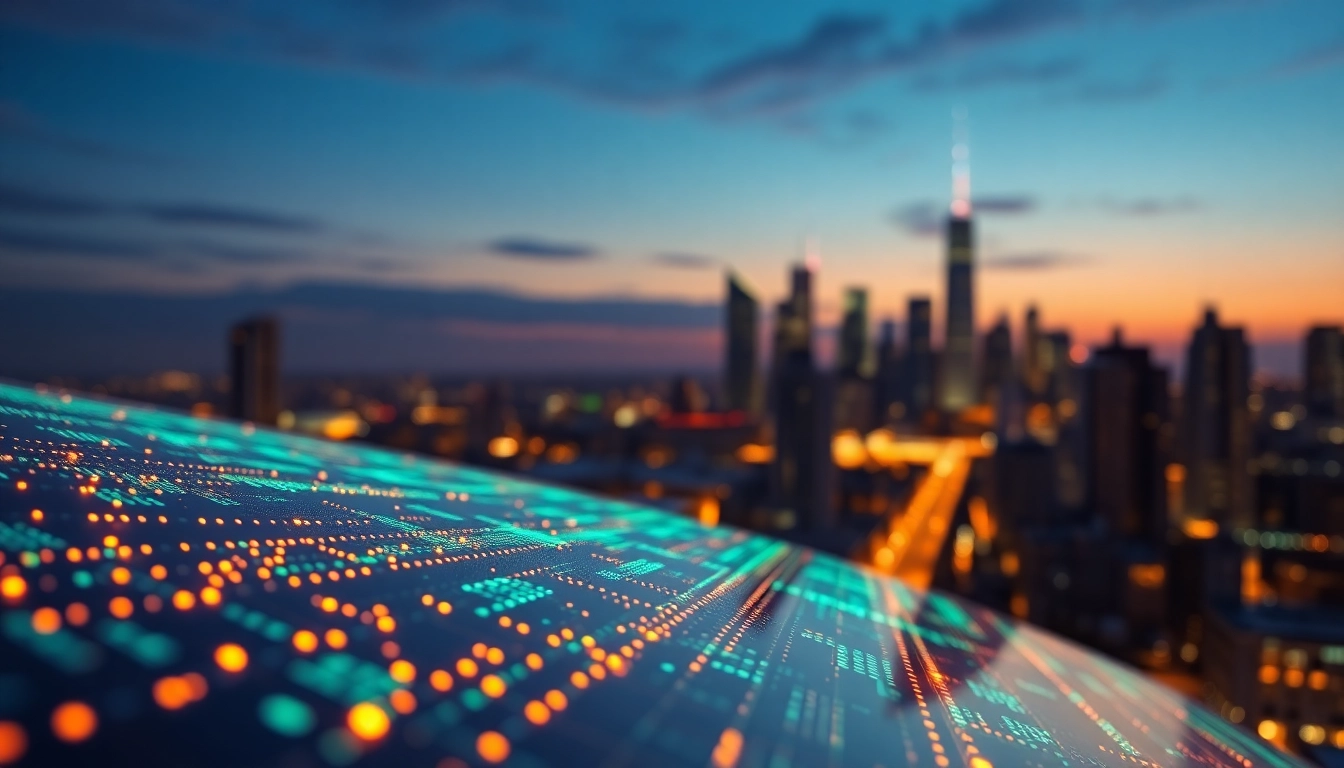 EORMC blockchain technology in a futuristic digital city with glowing data streams.