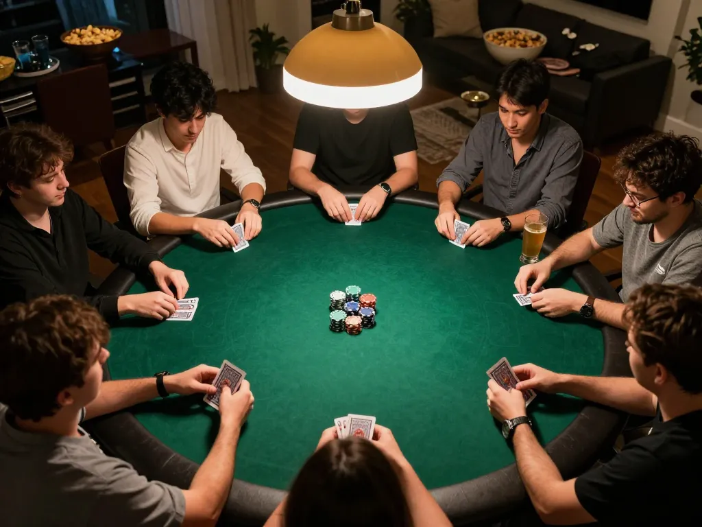 Players enjoying a thrilling poker game at home, showcasing BK888 gaming experience with chips and cards.