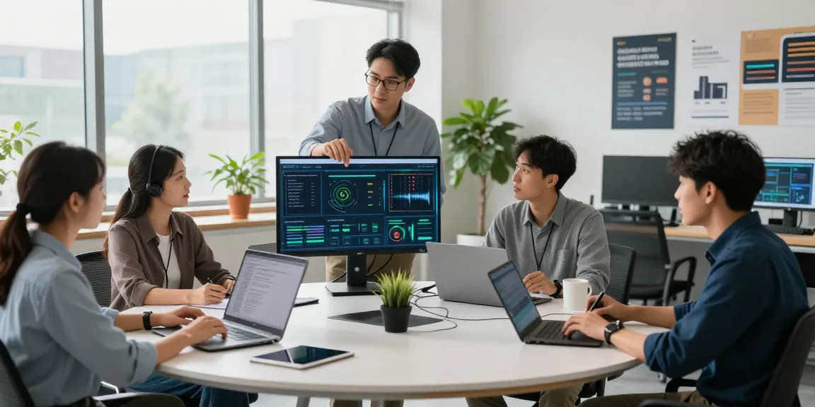 Team discussing business IT support services in a modern office.