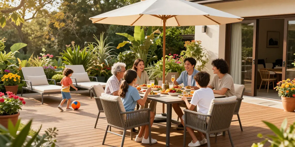 Family enjoying a meal around stylish garden patio furniture in a sunny outdoor setting.