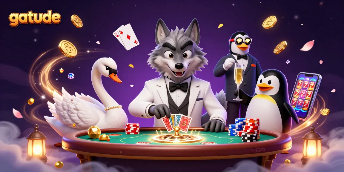 Experience the thrill of gatude casino games, featuring a stylish wolf, elegant swan, and penguin sommelier.