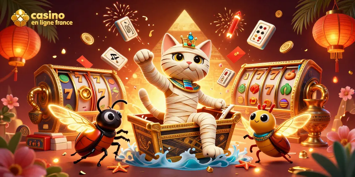 Le chat momie égyptien du casino en ligne France émerge d'un sarcophage, entouré de symboles de chance et de gains.