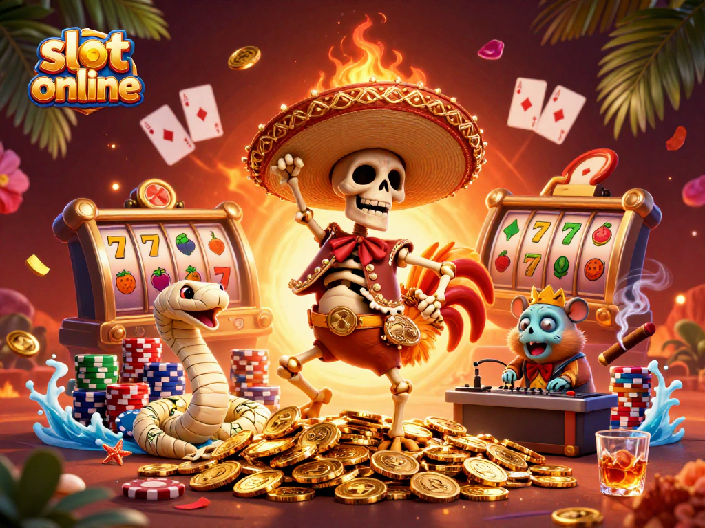 Experience the thrill of slot online with a vibrant scene of a dancing rooster and colorful casino elements.