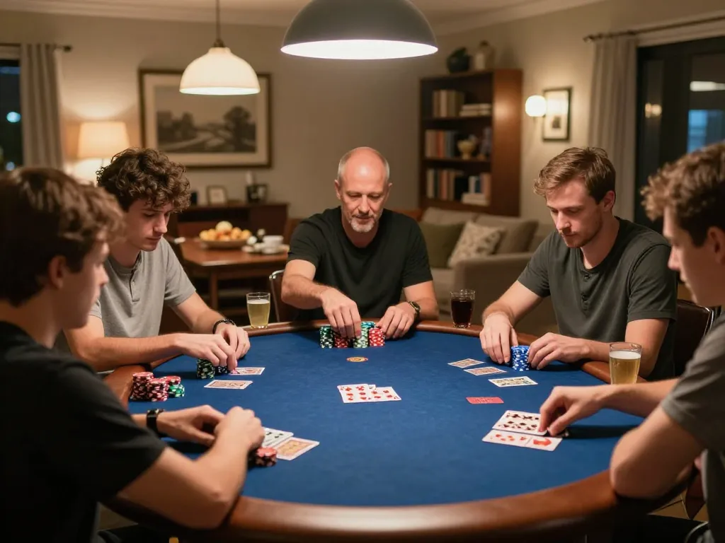 Players engaging at a home poker night showcasing strategic gameplay at W188.