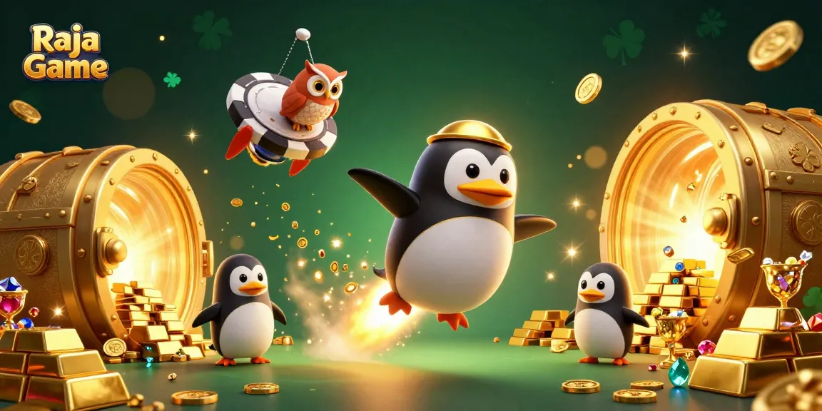Win exciting rewards with Raja Game as a golden penguin launches towards a vibrant casino!