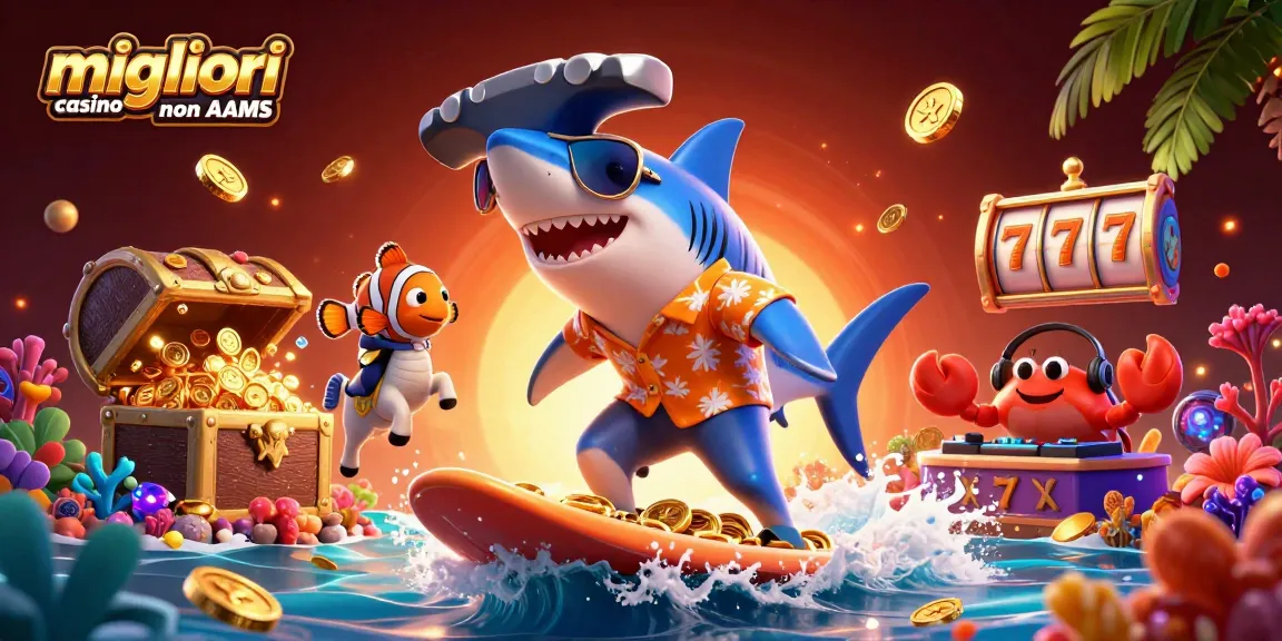 Scopri i migliori casino non AAMS mentre il pesce sega cavalca una onda d'oro.