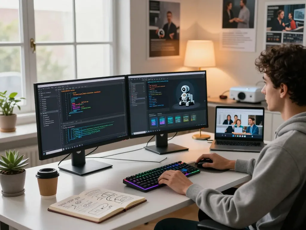 Software engineer coding with clawbot interface on monitors in a modern workspace