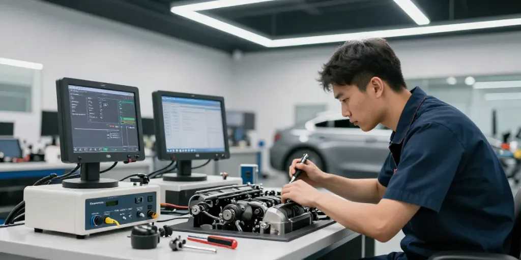 bmw werkstatt hannover with technician inspecting BMW engine in modern workshop