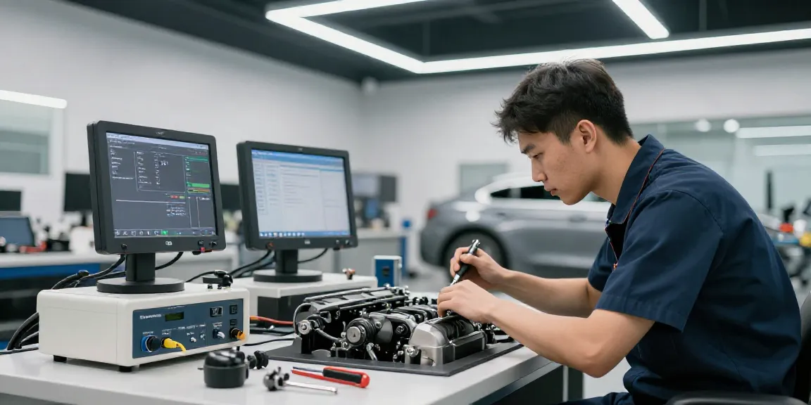 bmw werkstatt hannover with technician inspecting BMW engine in modern workshop