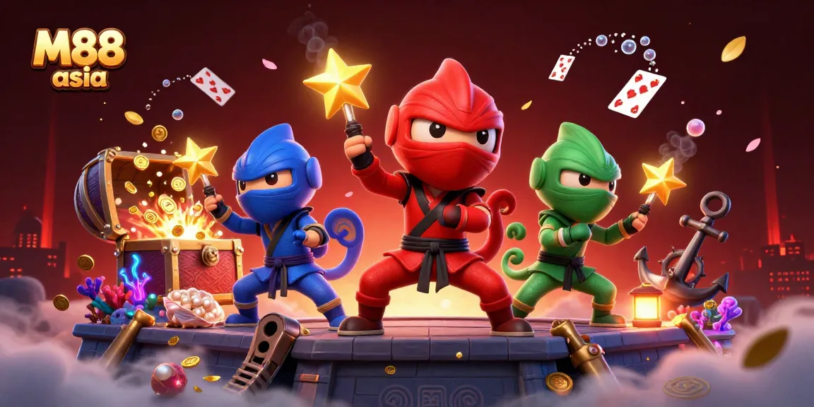 M88 asia showcases exciting online gaming with ninja chameleons and treasure in vibrant 3D illustration.
