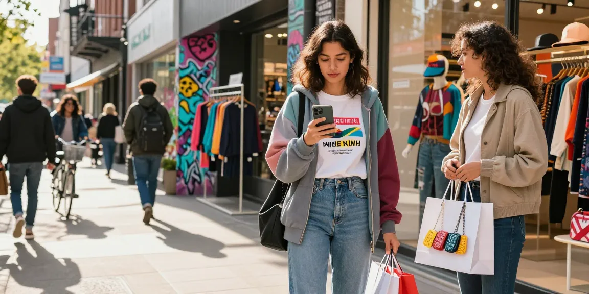 Young woman exploring trendy 레플리카 fashion at a vibrant urban boutique.