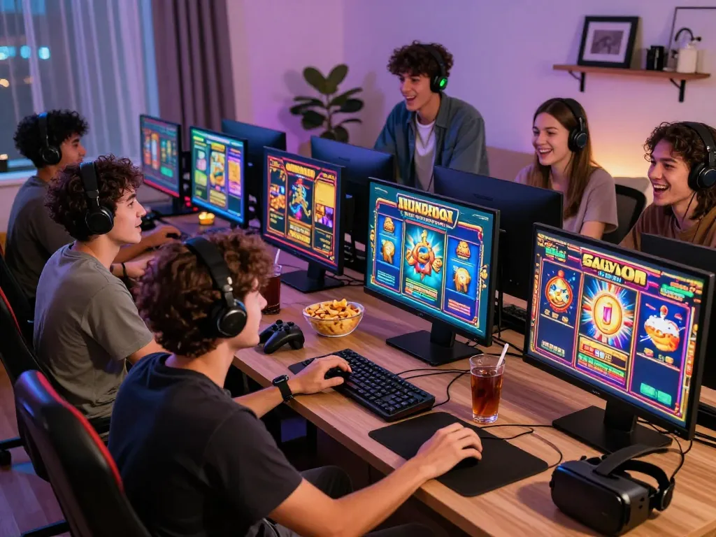 Group enjoying slot gacor gaming experience with lively atmosphere and vibrant visuals.