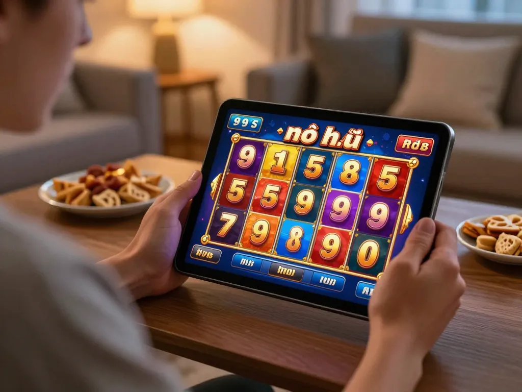 Experience 98win nổ hũ gameplay on tablet amidst cozy home settings, celebrating vibrant online slots.