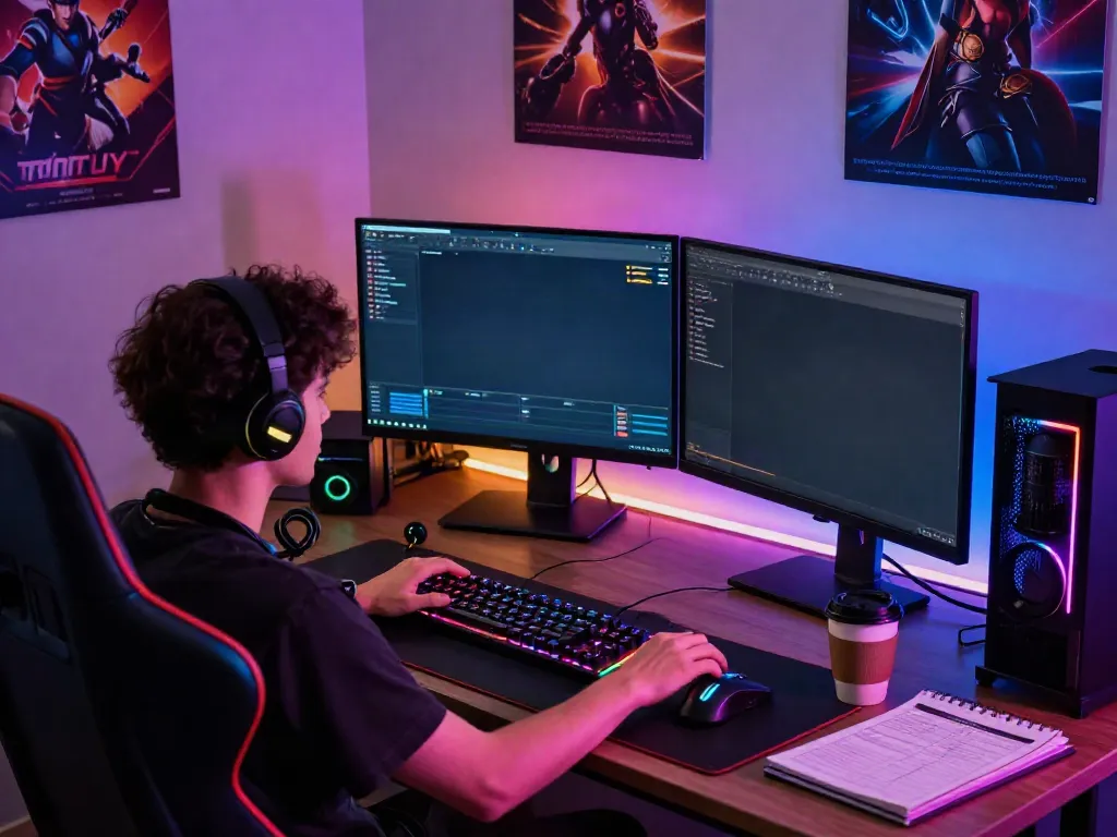 Pengaturan gaming modern di https://totobet.net/ dengan cahaya RGB, pemain bermain Togel online dengan grafis dinamis dan perlengkapan gaming.