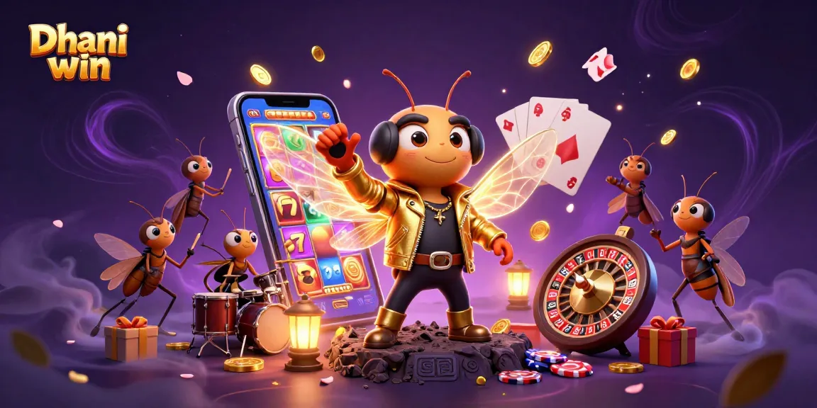 Dhani win game scene featuring a cicada rock star, beetle drummer, and slots gameplay elements.