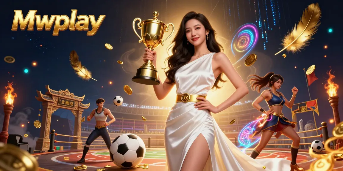 Win big at Mwplay with a stunning Asian woman holding a trophy in a vivid casino atmosphere.