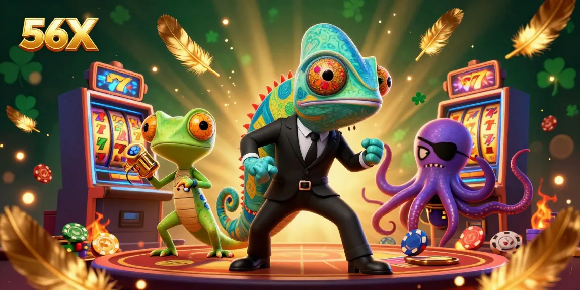 Engage with 56X's vibrant casino scene featuring a secret agent chameleon and gold tokens.