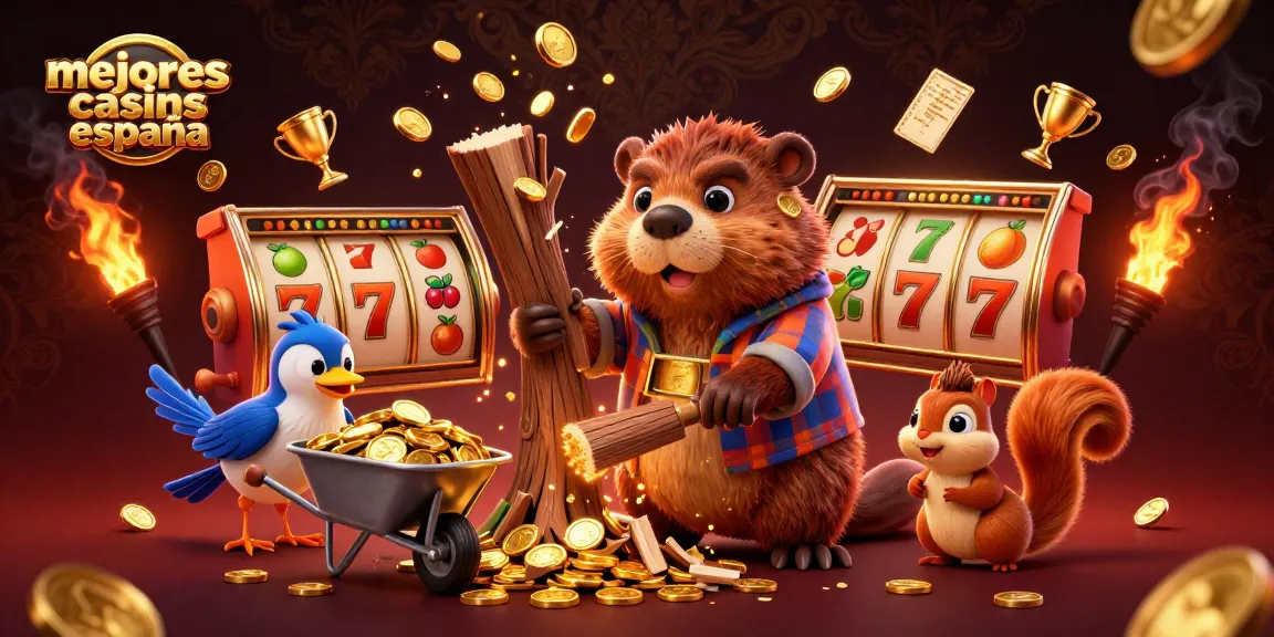 Ilustración de los mejores casinos online en España, con un castor con hacha y un pájaro que recolectan monedas doradas.