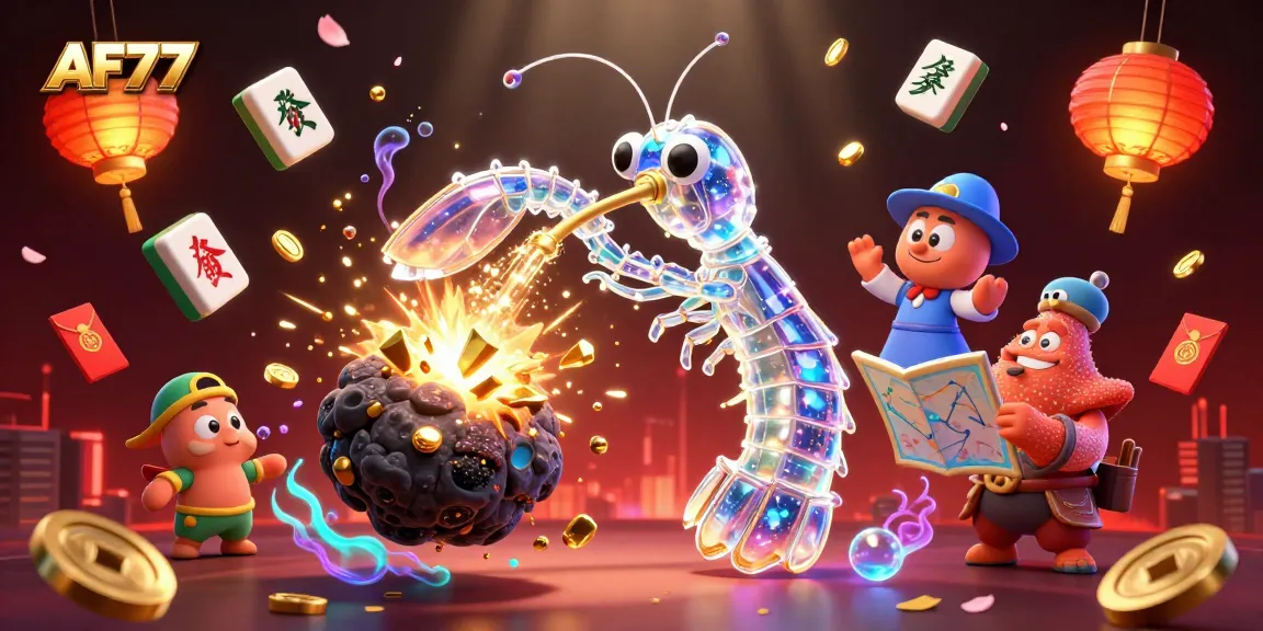 AF77 unleashes excitement with a galactic mantis shrimp amidst vibrant gambling symbols.