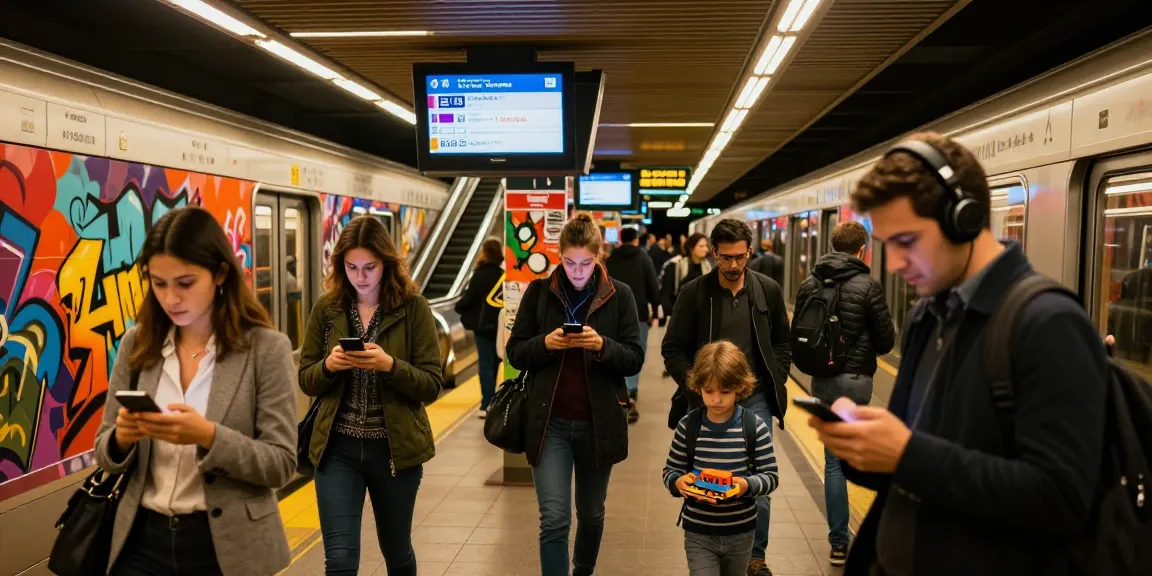 Live subway tracker displays real-time arrivals in a busy urban subway station filled with commuters.