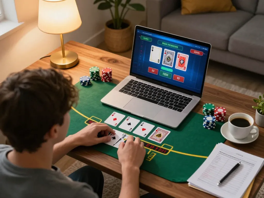 TR88 online gaming session with live dealer blackjack on a laptop in a cozy home setting
