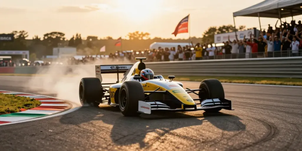 Mobil Lotus 88 balapan di sirkuit, menunjukkan desain canggih dan suasana balap yang energik.