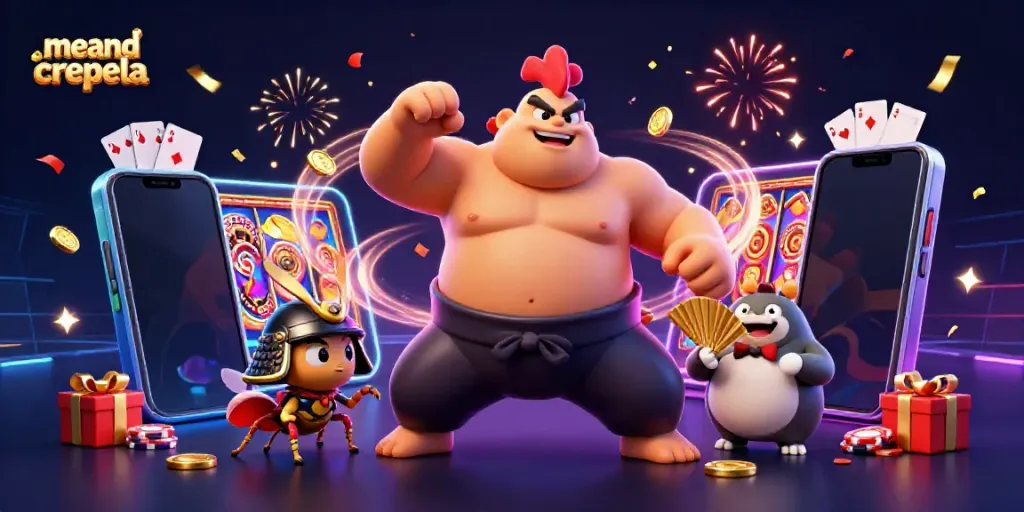 meandcrepela merayakan keseruan kasino dengan ilustrasi kartun 3D ayam jantan sumo, kriket samurai, dan pengumum tanuki