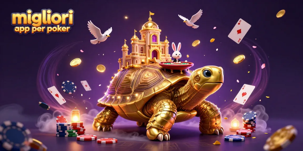 Migliori app per poker: Immersa in un'illustrazione di casinò, tartaruga dorata con un asso in mano e dealer con carte volanti.