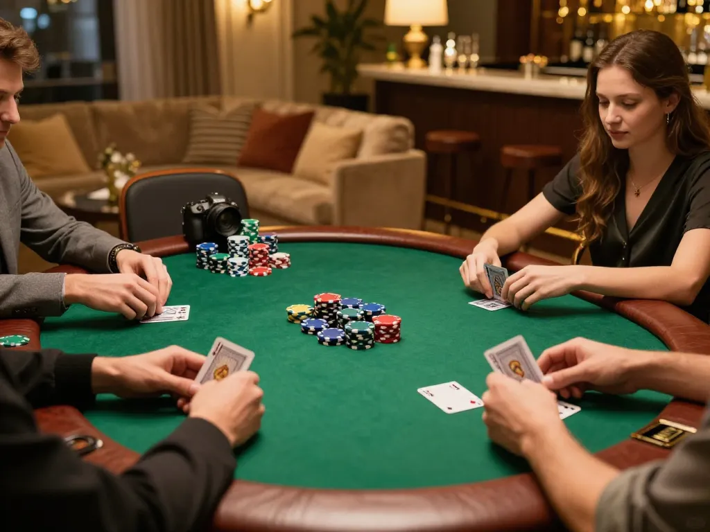Pemain dalam permainan poker di rumah menganalisis strategi dengan kartu dan chip dewi88 yang sedang dimainkan