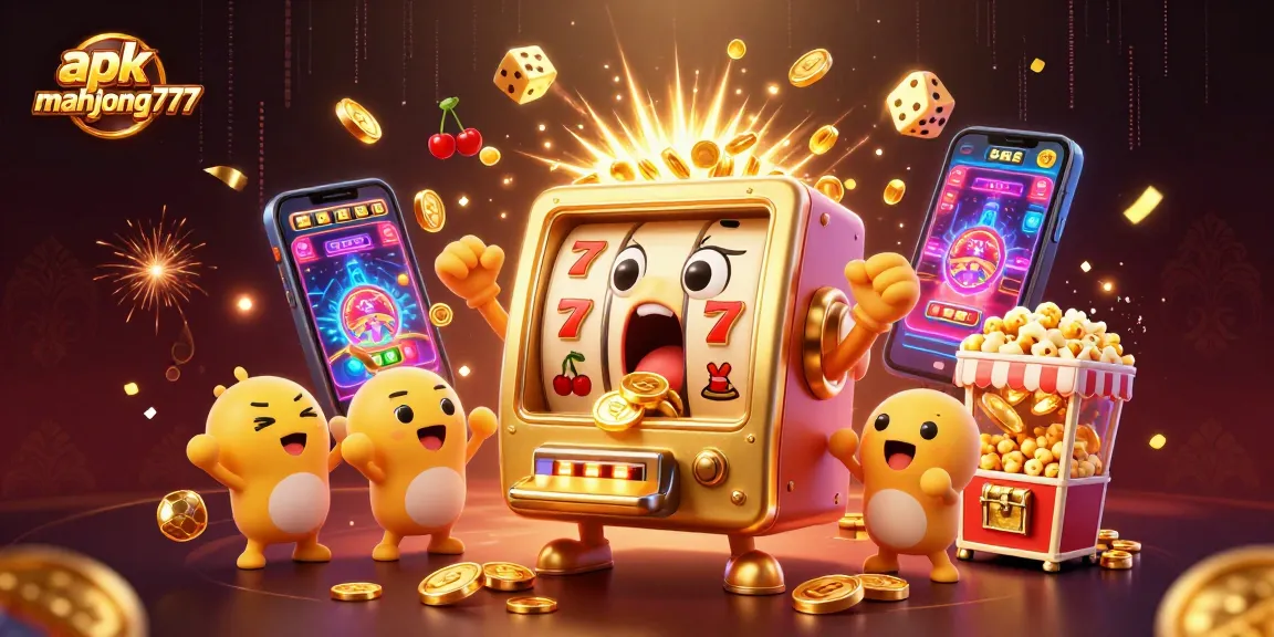 Experience excitement with apk mahjong777, featuring a golden slot machine hitting a jackpot amid dynamic casino visuals.