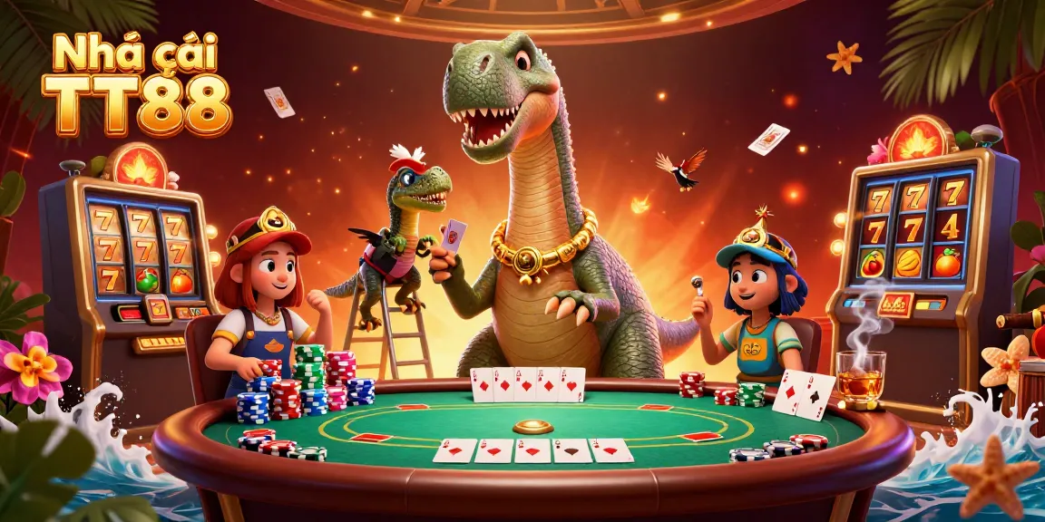 Exciting scene at Nhà cái TT88 showing a dinosaur in a casino delivering cards, capturing thrilling gaming action.