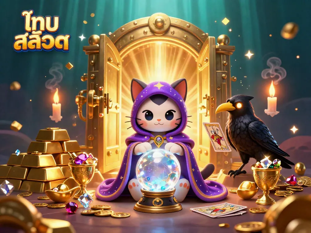 Engage with ไทย สล็อต at a vibrant online casino scene featuring mystical characters and treasure-filled surroundings.