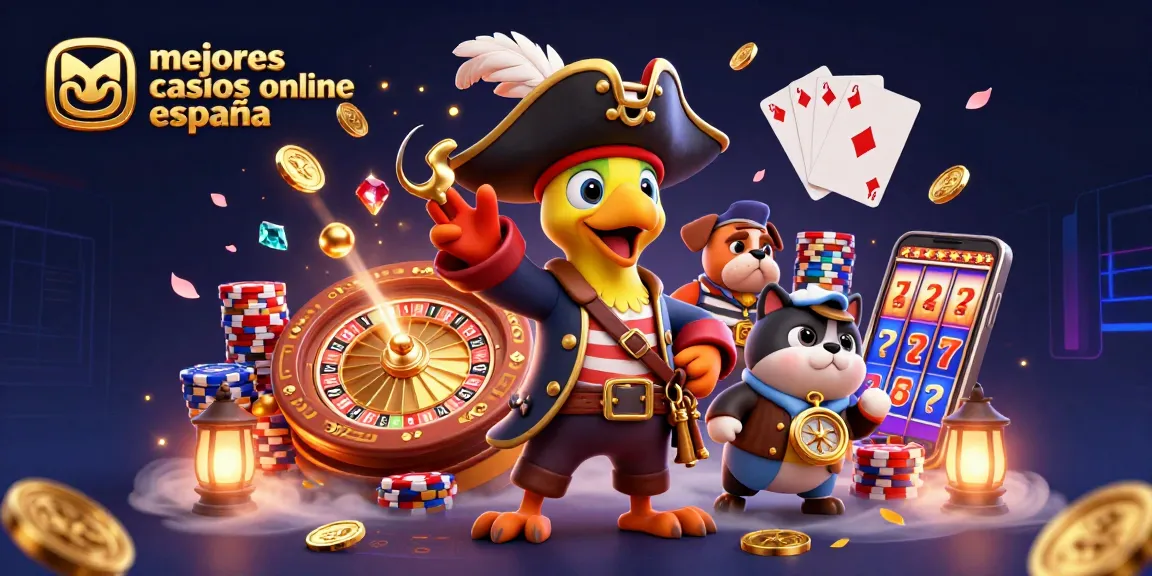 Explora los mejores casinos online España con esta ilustración de un capitán pirata y su tripulación disfrutando de un casino vibrante.