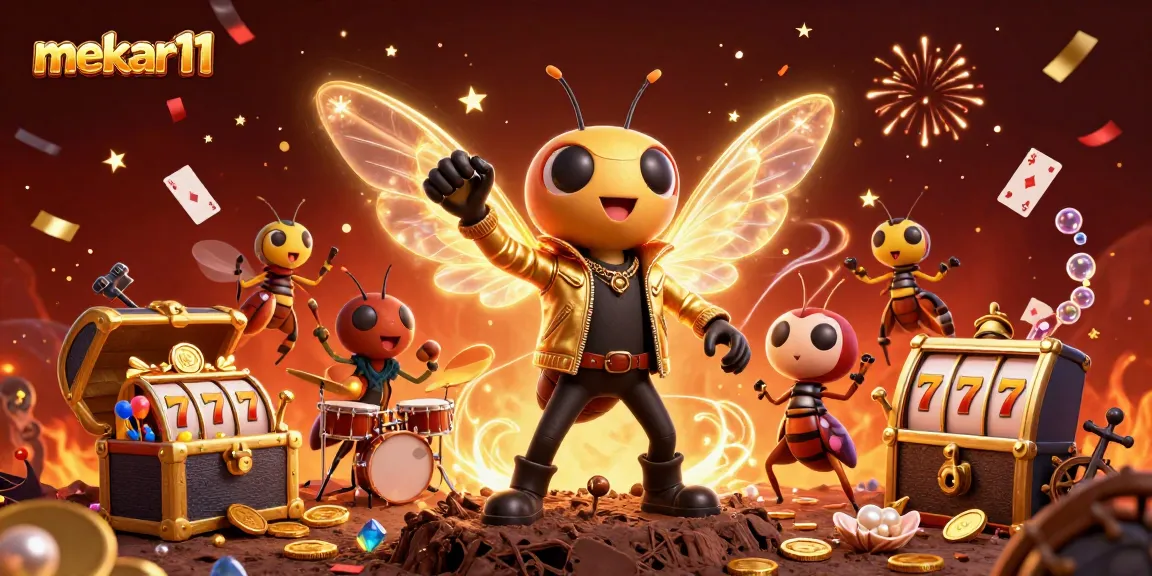 Mekar11 showcases a vibrant casino celebration with animated rock star characters amid gold coins and playing cards.