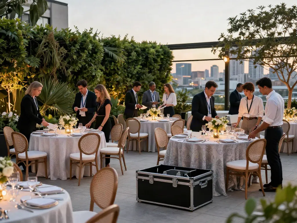 Event furniture rental setup for a corporate gala with elegant chairs and tables in an upscale outdoor venue, showcasing professional arrangements.
